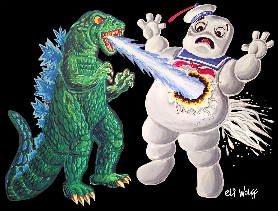 Godzilla Painting - Godzilla Vs Stay Puft by Eli Wolff Godzilla Painting - Godzilla Vs Stay Puft by Eli Wolff