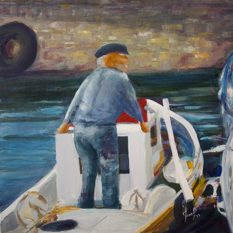 Going fishing in Santorini Painting by Josef Kelly