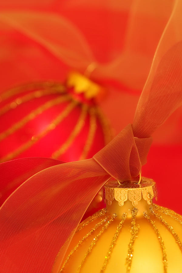 Gold and Red Ornaments with Ribbons Photograph by Carol Leigh