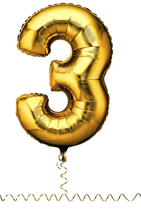 Gold balloon in the shape of a number three Photograph by Creative Crop