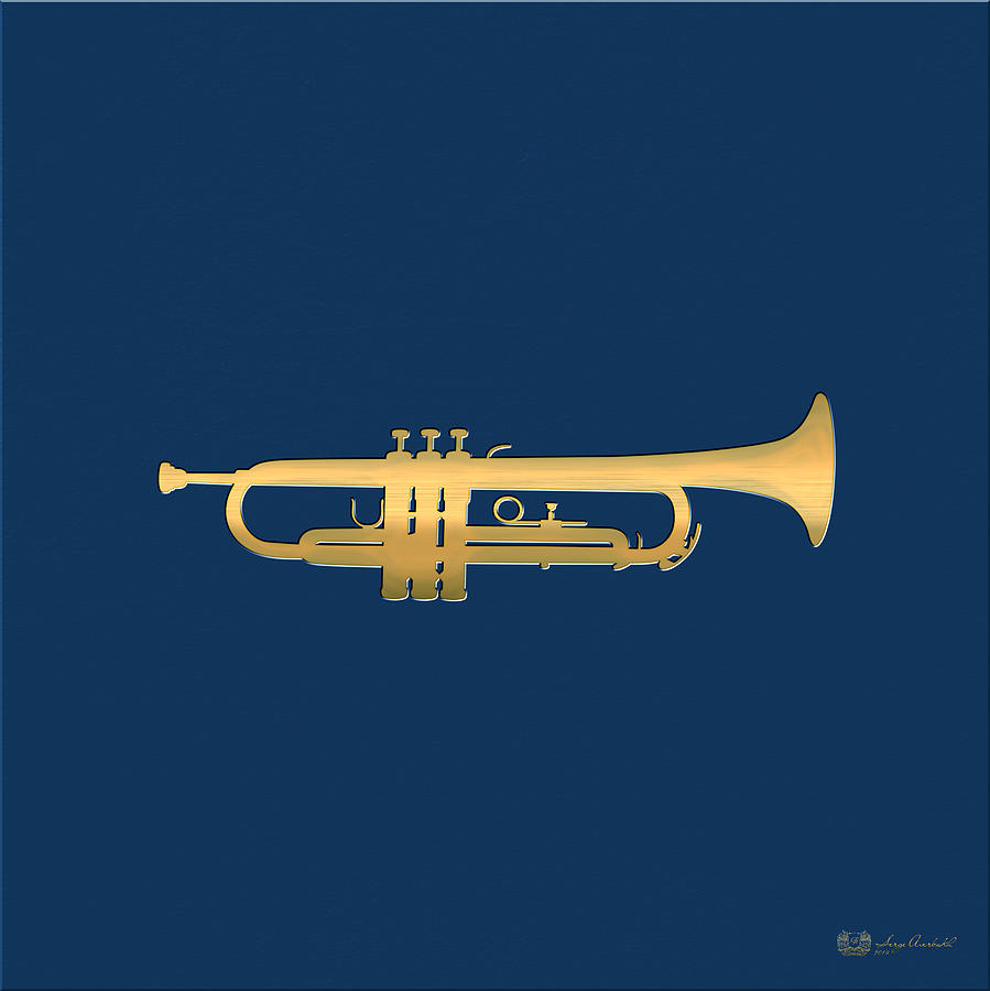 Golden Trumpet Digital Art - Gold Embossed Trumpet on Dark Midnight Blue Background by Serge Averbukh