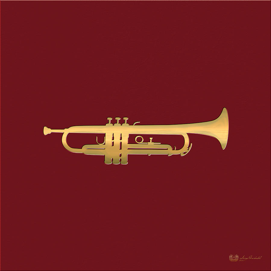 Golden Trumpet Digital Art - Gold Embossed Trumpet on Dark Red Background by Serge Averbukh