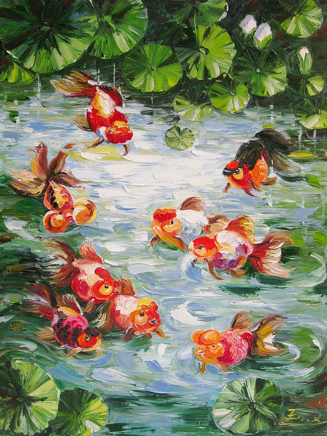 Koi Painting - Gold Fish And Water Lily by May ZHOU