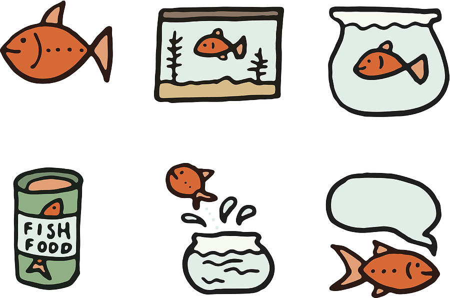 Gold fish doodle icon set Drawing by Mightyisland