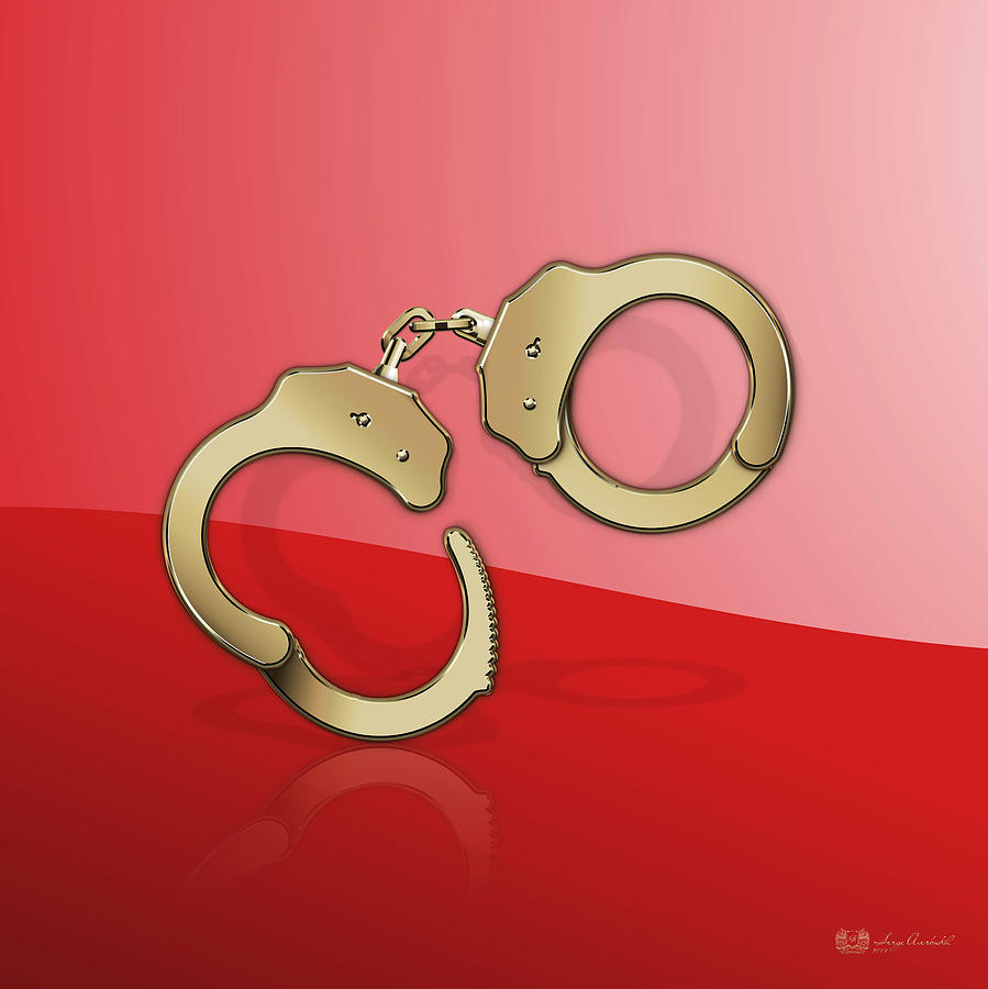 Gold Handcuffs on Red Background Digital Art by Serge Averbukh