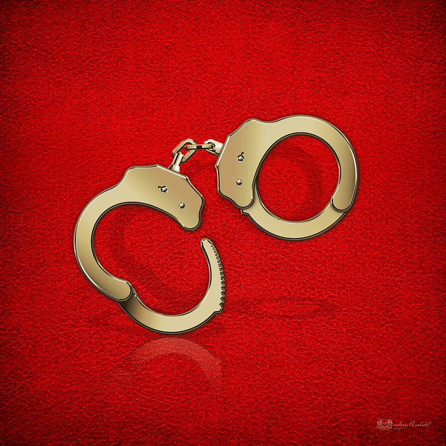 Gold Handcuffs on Red Leather Background Digital Art by Serge Averbukh