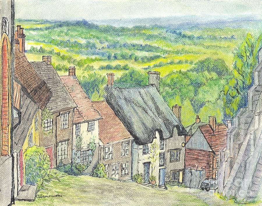 Gold Hill Drawing - Gold Hill Shaftesbury Dorset England by Carol Wisniewski