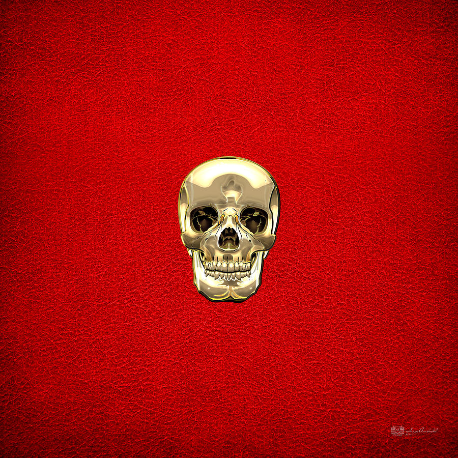 Gold Human Skull on Red Leather Digital Art by Serge Averbukh