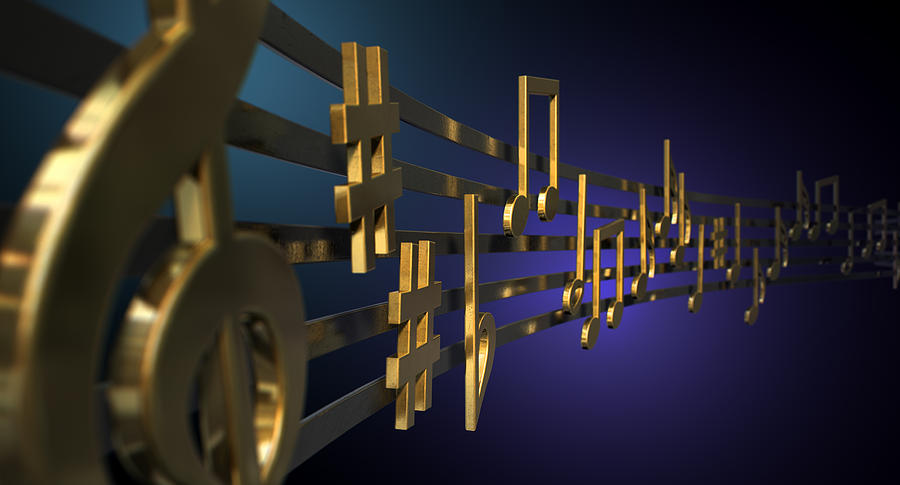 Music Digital Art - Gold Music Notes On Wavy Lines by Allan Swart