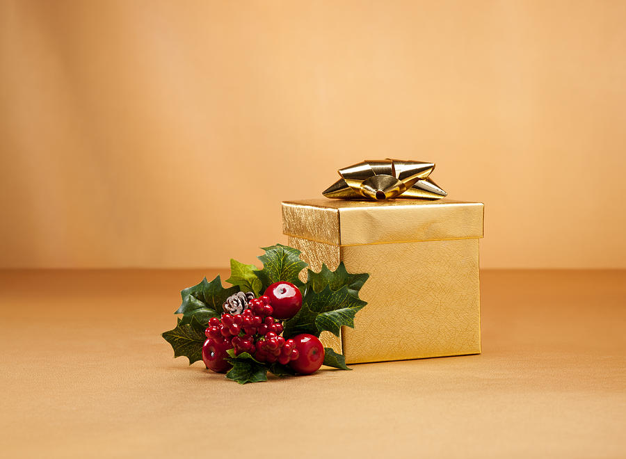 Christmas Photograph - Gold present in Christmas setting by U Schade