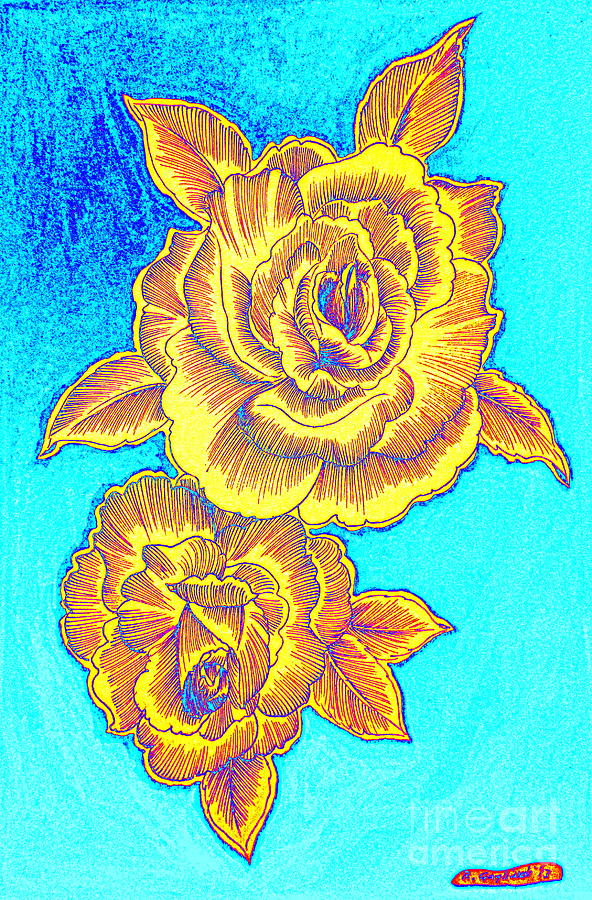 Gold Roses on torqouise Digital Art by Roberto Gagliardi