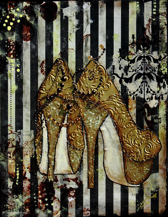 Abstract Mixed Media - Gold Sequined Shoes with Black and Ivory Striped Background by Janelle Nichol