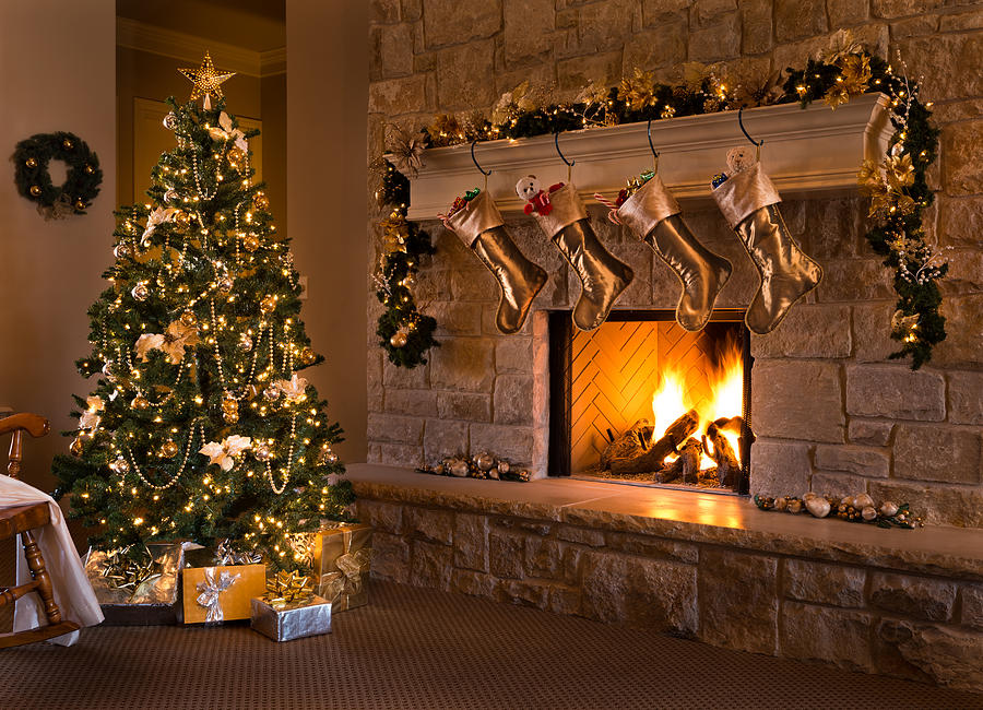 Gold Theme Christmas Eve: tree, fireplace, stockings, gifts, mantel, hearth Photograph by Dszc