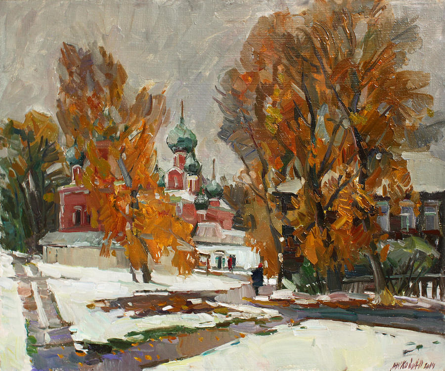 Golden autumn under snow Painting by Juliya Zhukova
