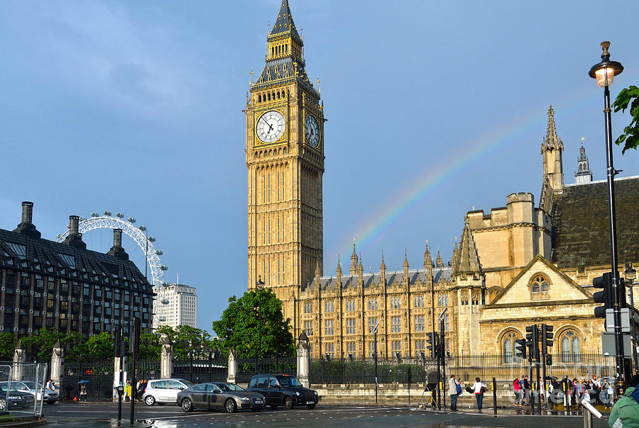 Golden Big Ben clock tower under the rainbow Photograph by RicardMN Photography