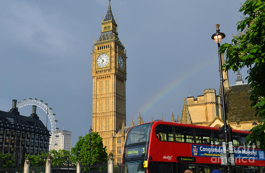 Golden Big Ben London Eye and bus Under The Rainbow Photograph by RicardMN Photography