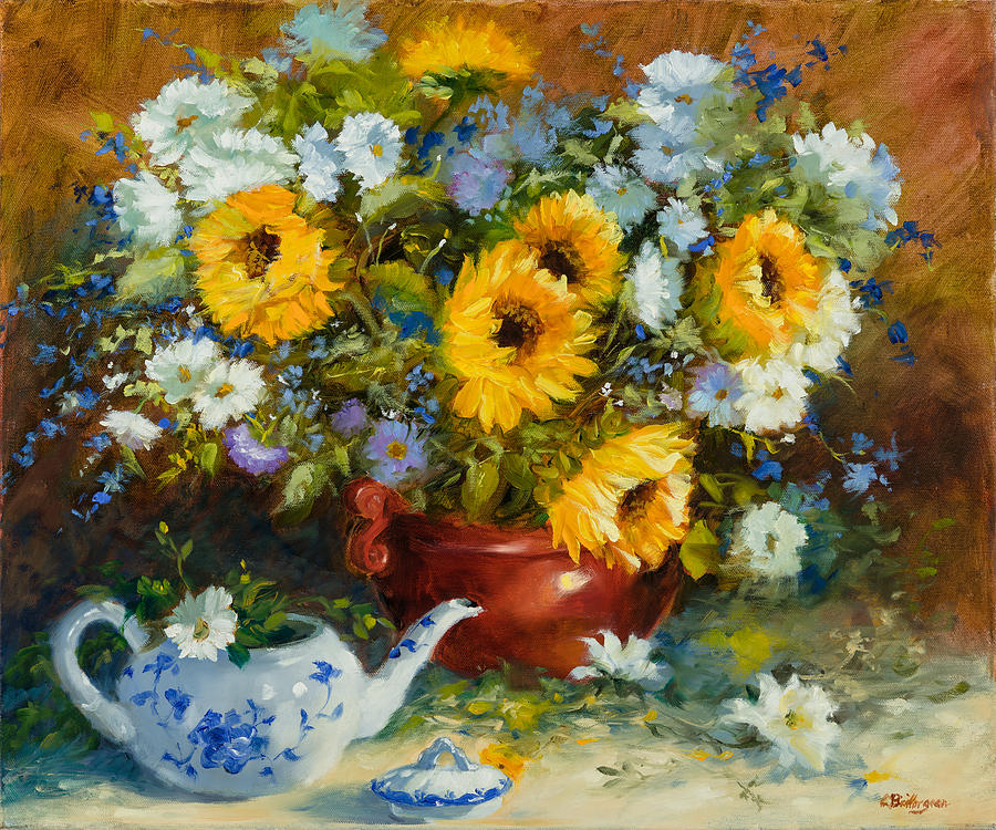 Sunflower Oil Painting - Golden Bouquet by Cheri Baillargeon