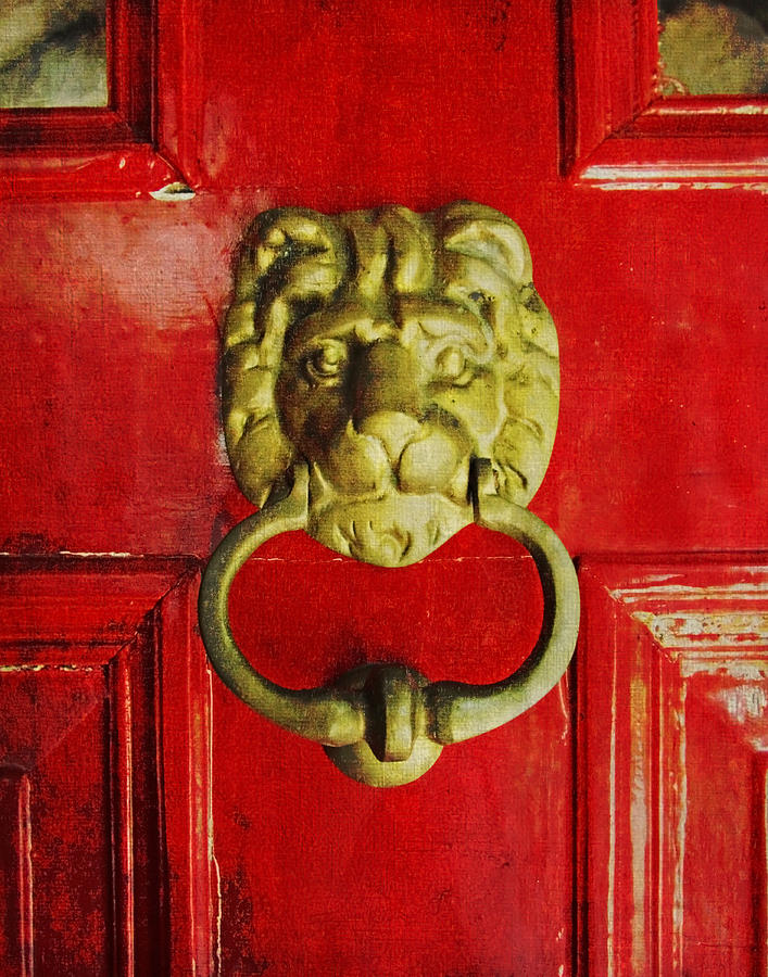 Lion Photograph - Golden Brass Lion on Red Door by Brooke T Ryan