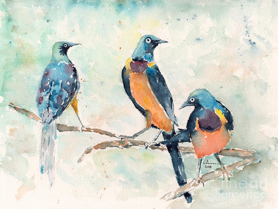 Golden-Breasted Starlings Painting by Claudia Hafner