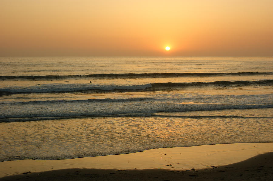 Golden California Sunset - Ocean Waves Sun And Surfers Photograph