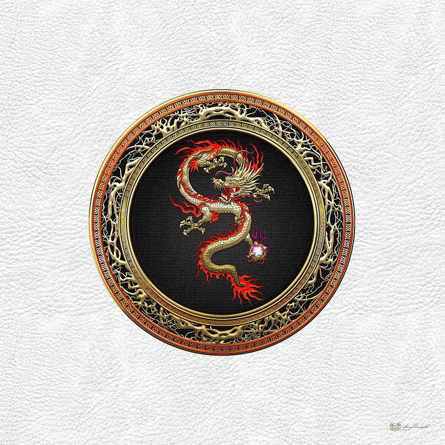 Golden Chinese Dragon Fucanglong on White Leather  Digital Art by Serge Averbukh