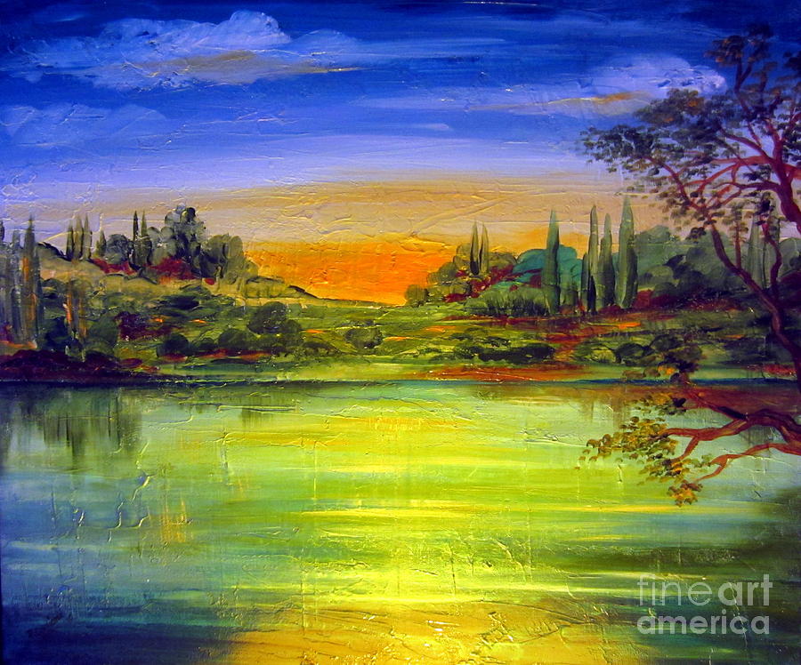 Golden Dawn on the lake Painting by Roberto Gagliardi