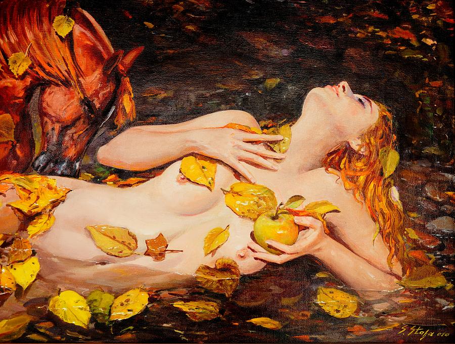 Nude Girl Painting - Golden Fall - The River Girl by Sefedin Stafa Nude Girl Painting - Golden Fall - The River Girl by Sefedin Stafa