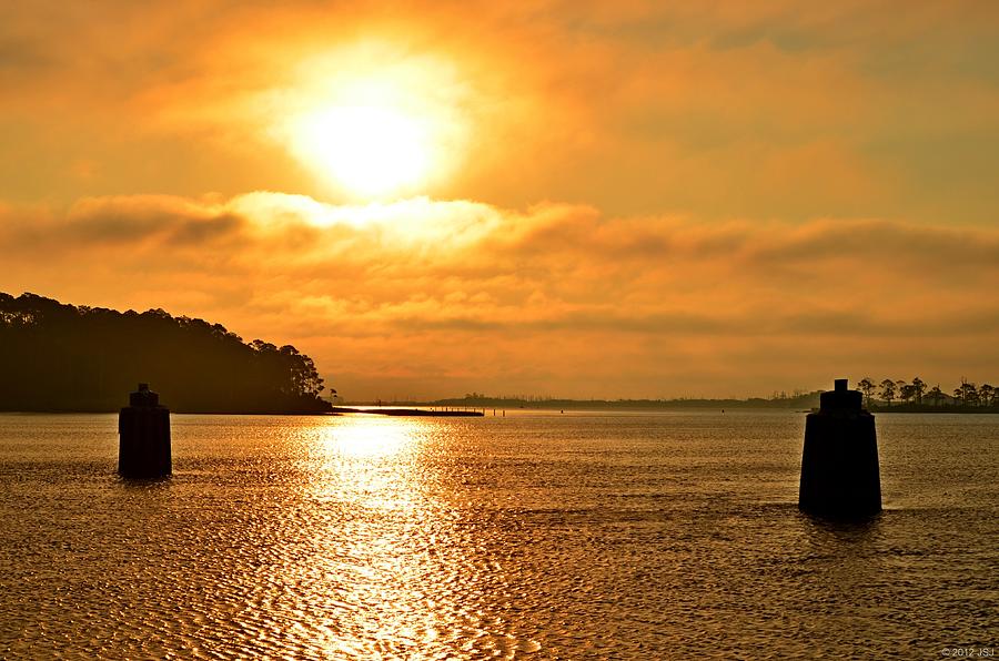 Golden Foggy Sunrise Colors on Santa Rosa Sound at Hurlburt Harbor Photograph by Jeff at JSJ Photography