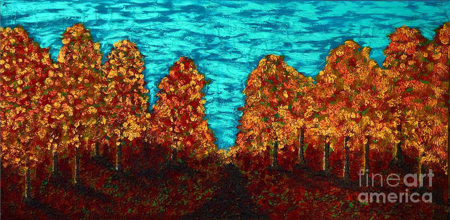 Abstract Painting - Golden Forest Trees by Emma Lambert