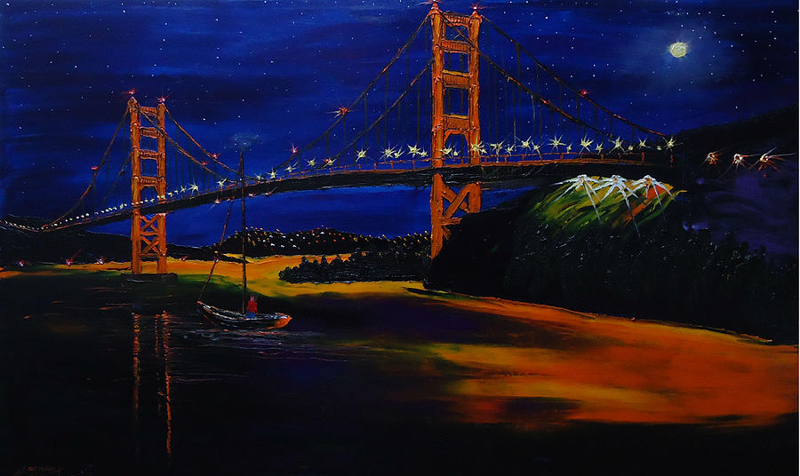Golden Gate Bridge By Moon Light Painting by James Dunbar