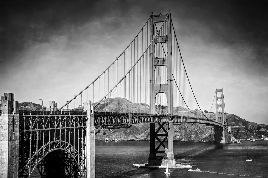 Golden Gate Bridge from the South end visitor area in BLack and White  Photograph by Jennifer Rondinelli Reilly - Fine Art Photography
