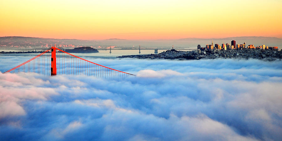 Golden Gate Bridge in Fog at Sunset Photograph by Joel Thai