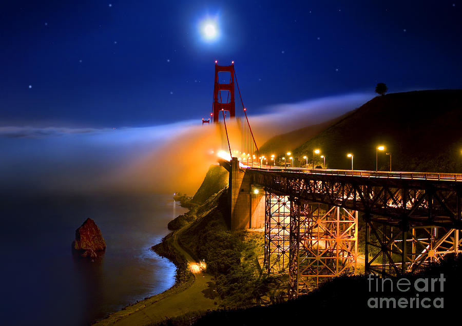 Golden Gate Bridge Moon Fog Mystery Photograph by Wernher Krutein