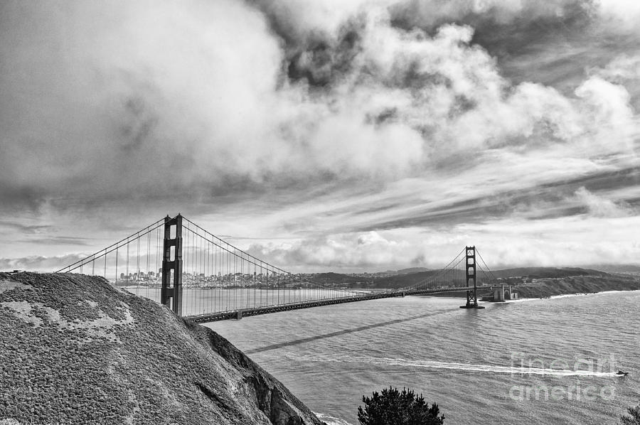 Golden Gate Bridge Photograph - Golden Gate Drama - Golden Gate Bridge in San Francisco California Black and White by Jamie Pham