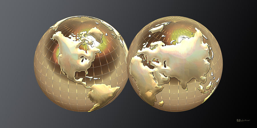 Map Digital Art - Golden Globes - Eastern and Western Hemispheres on Black by Serge Averbukh