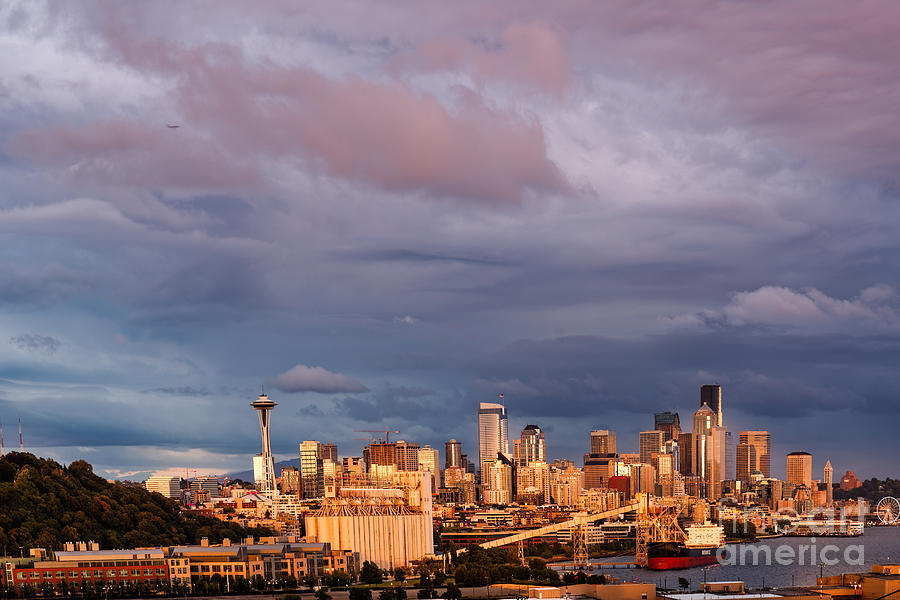 Golden Hour Reflected on Downtown Seattle and Space Needle - Seattle Washignton State Photograph by Silvio Ligutti