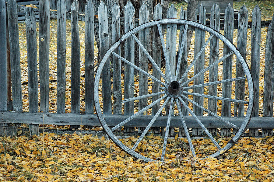 Golden Leaves and Old Wagon Wheel Against a Fence Photograph by Bruce Gourley