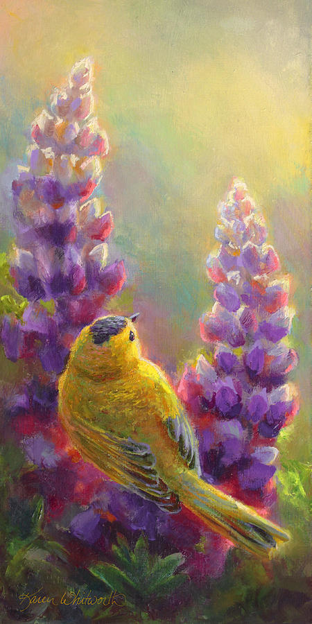 Bird Painting - Golden Light 1 Wilsons Warbler and Lupine by K Whitworth