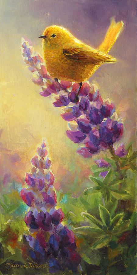 Golden Light 2 Wilsons Warbler and Lupine Painting by K Whitworth