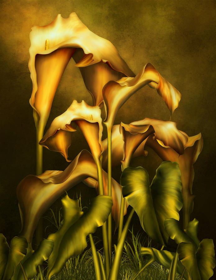 Golden Lilies By Night Mixed Media