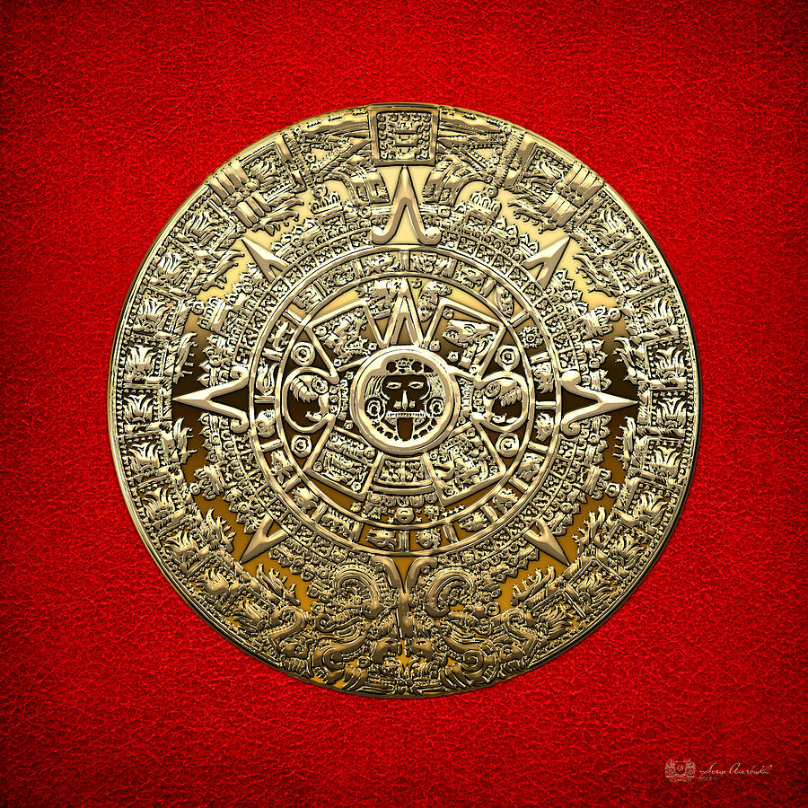 Vintage Digital Art - Golden Mayan-Aztec Calendar on Red by Serge Averbukh