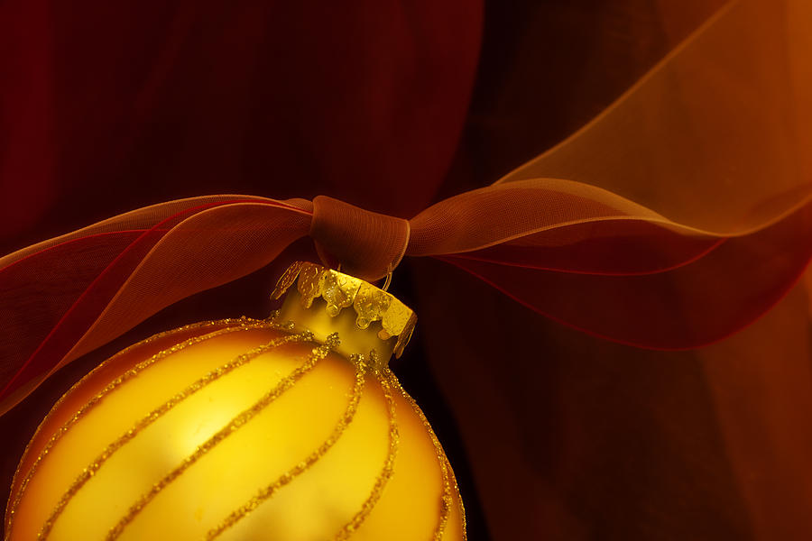Christmas Photograph - Golden Ornament with Red Ribbons by Carol Leigh