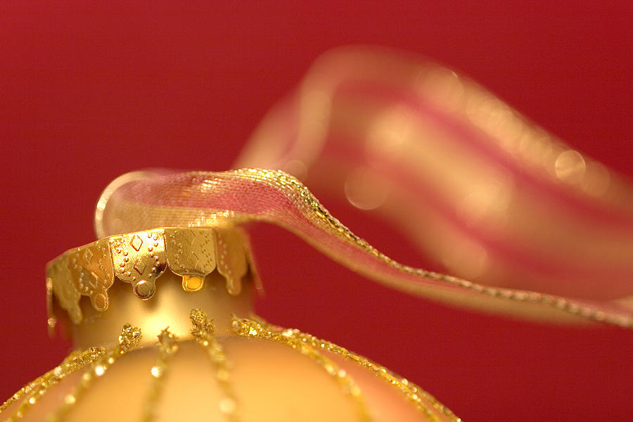 Christmas Photograph - Golden Ornament with Striped Ribbon by Carol Leigh