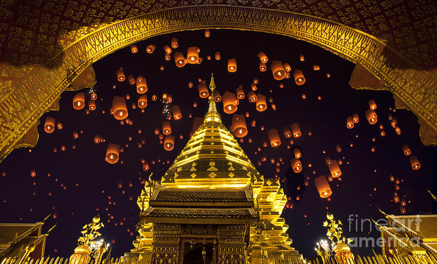 Architecture Photograph - Golden pagoda and yeepeng  by Anek Suwannaphoom