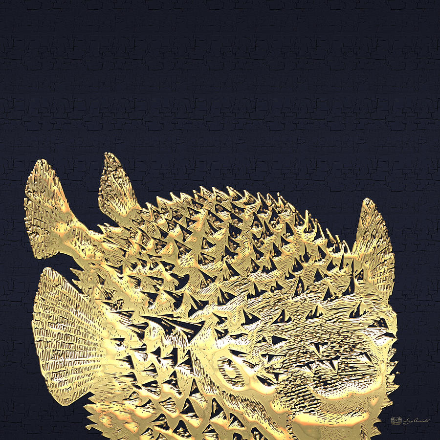 Golden Puffer Fish on Charcoal Black Digital Art by Serge Averbukh