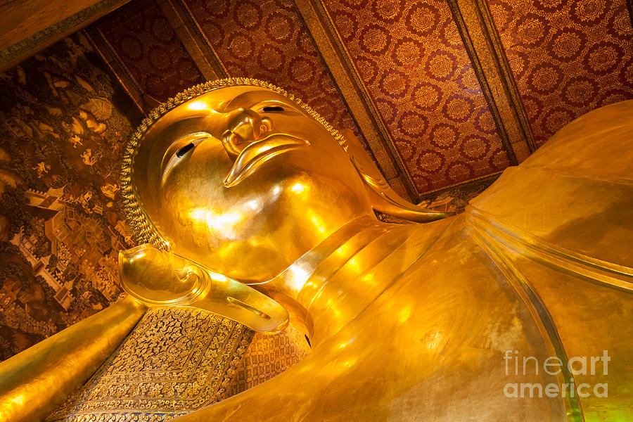 Buddha Photograph - Golden Reclining Buddha Wat Pho Bangkok by Fototrav Print