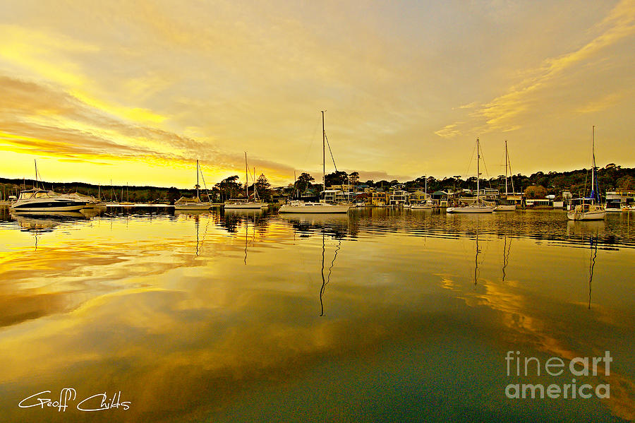 Golden Reflections Waterscape Sunrise with Boats  Photograph by Geoff Childs