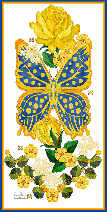 Golden Roses And Blue Butterfly Painting