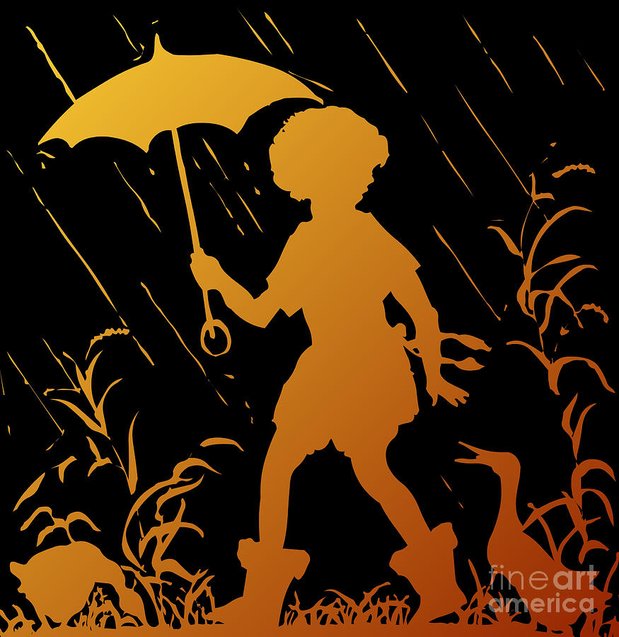 Golden Silhouette of Child and Geese Walking in the Rain Digital Art by Rose Santuci-Sofranko
