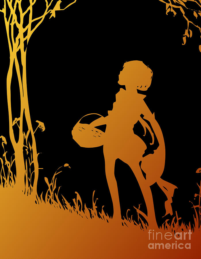 Golden Silhouette of Child with Basket walking in the Woods Digital Art by Rose Santuci-Sofranko
